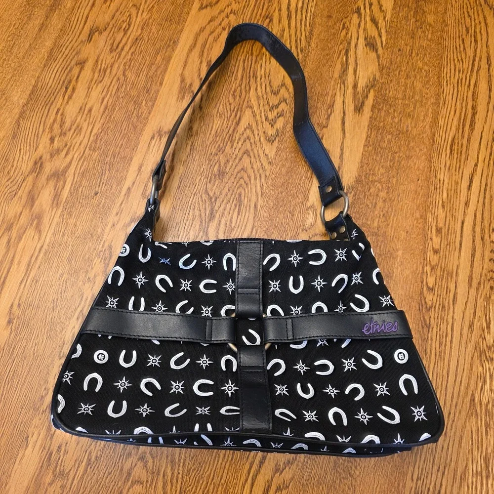 Vintage Y2K Black White Horseshoe Print Canvas Shoulder Bag Skater Retro Western